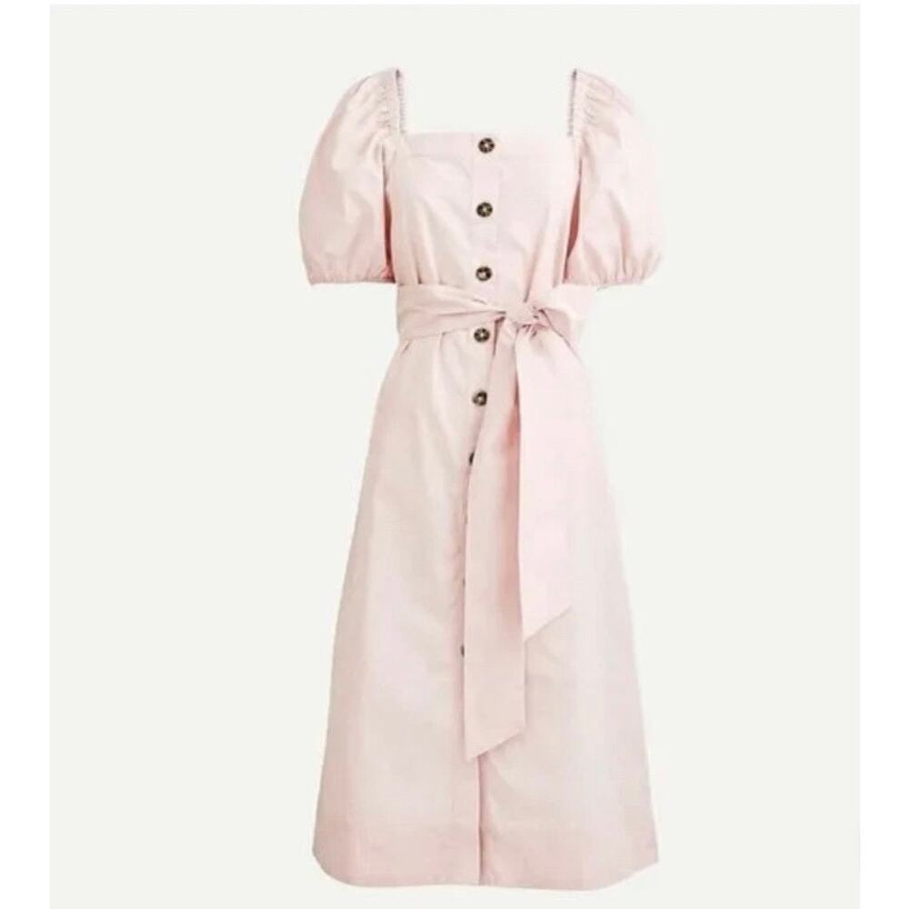 J.Crew Pink Cotton Midi Dress L Puff Sleeve Square Neck Button Front Cottagecore - Picture 5 of 16